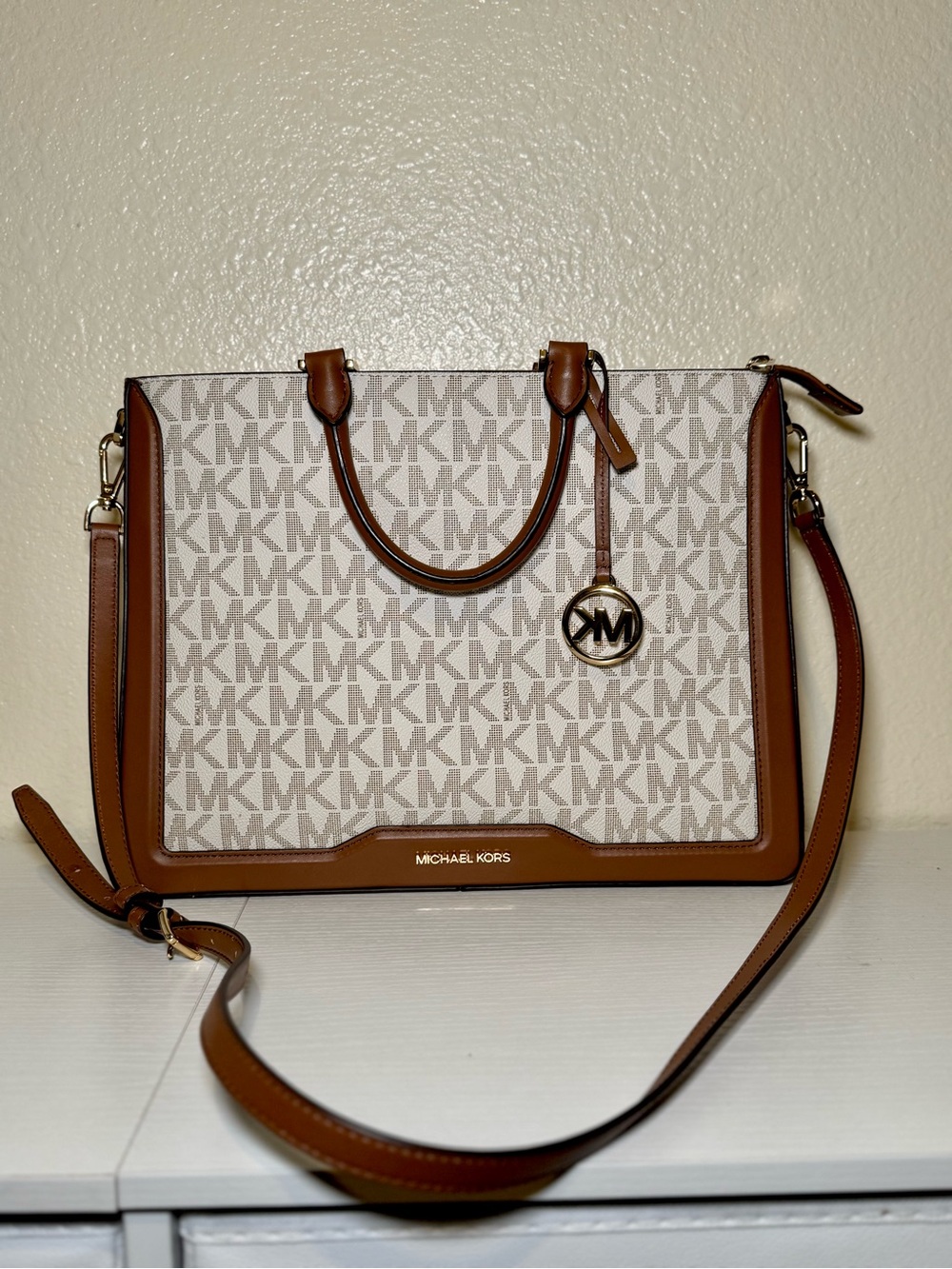 Michael Kors Brown and White Signature MK Satchel